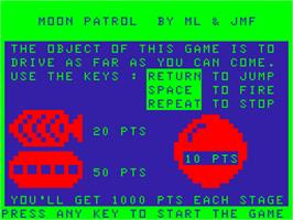 In game image of Moon Patrol on the Acorn Atom.