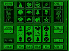 In game image of Smiley's Fruitmachine on the Acorn Atom.
