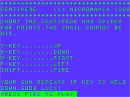 Title screen of Centipede on the Acorn Atom.