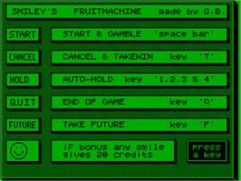 Title screen of Smiley's Fruitmachine on the Acorn Atom.