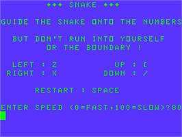Title screen of Snake on the Acorn Atom.