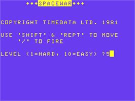 Title screen of Space War on the Acorn Atom.