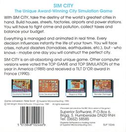 Box back cover for Sim City on the Acorn Electron.