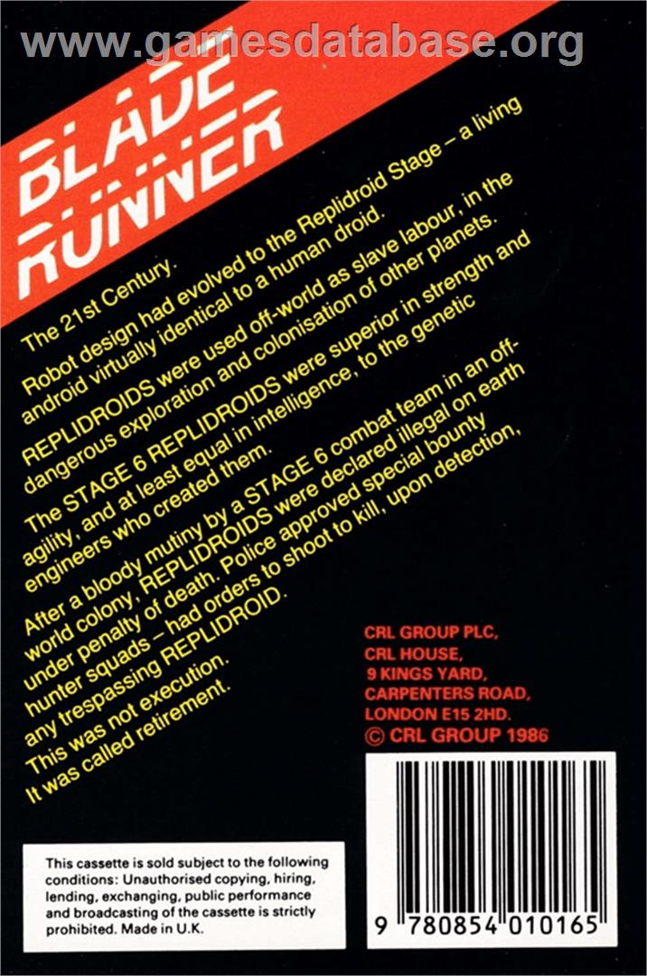 Blade Runner - Amstrad CPC - Artwork - Box Back