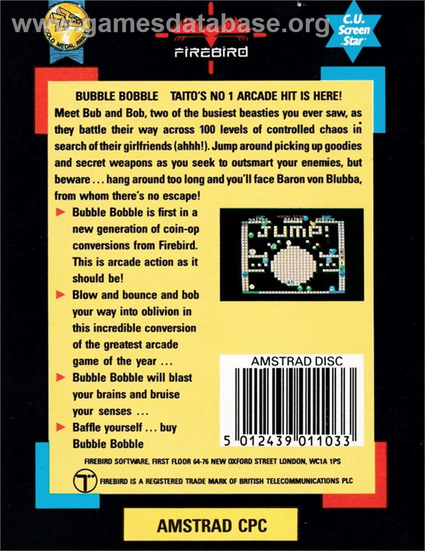 Bubble Bobble - Amstrad CPC - Artwork - Box Back