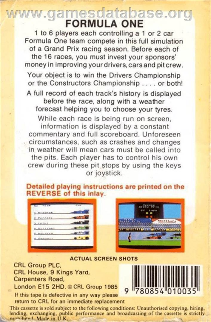 Formula 1 - Amstrad CPC - Artwork - Box Back
