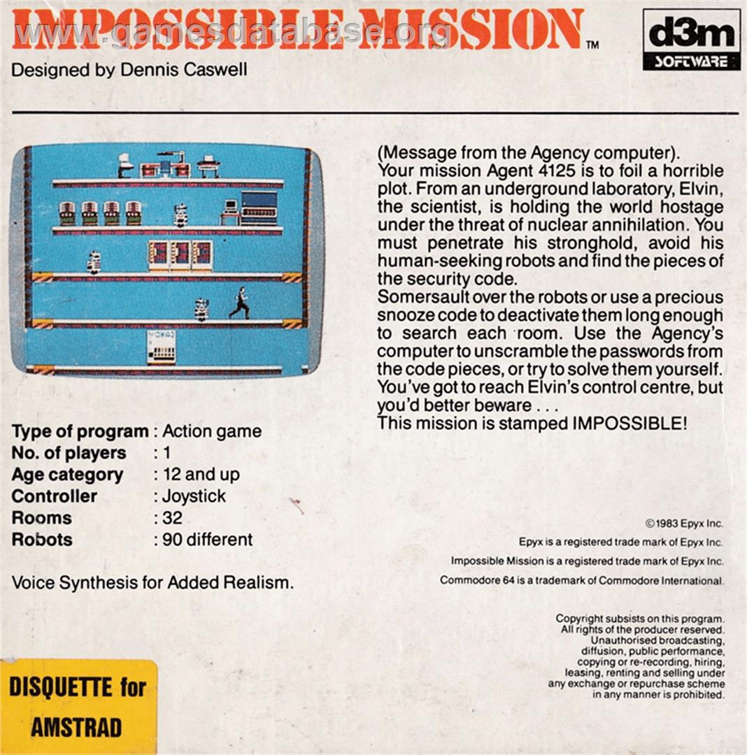 Impossible Mission - Amstrad CPC - Artwork - Box Back