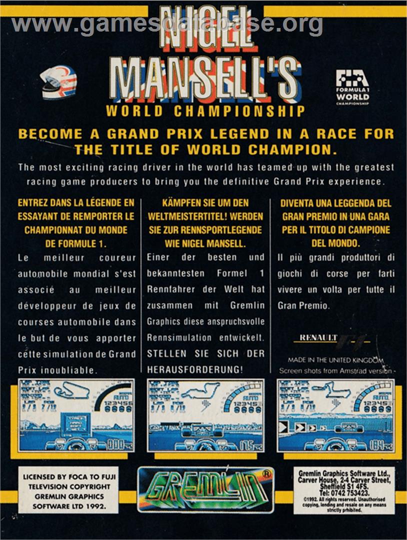 Nigel Mansell's World Championship - Amstrad CPC - Artwork - Box Back