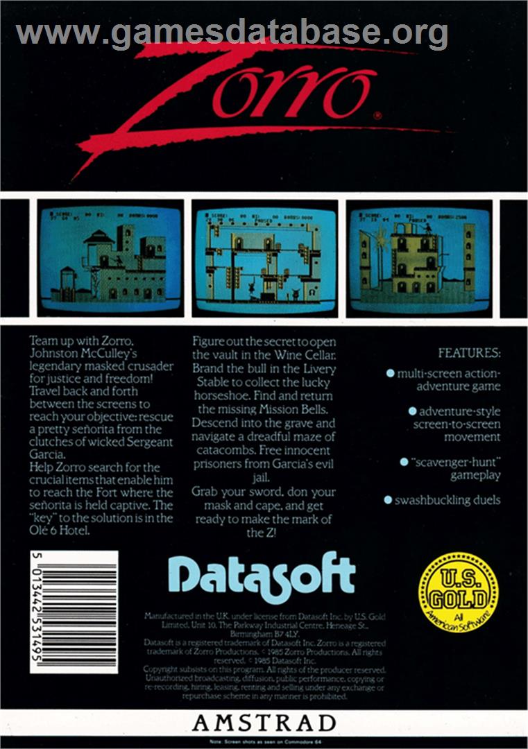 Zorro - Amstrad CPC - Artwork - Box Back