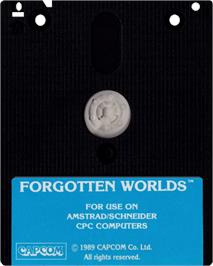 Cartridge artwork for Forgotten Worlds on the Amstrad CPC.