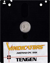 Cartridge artwork for Vindicators on the Amstrad CPC.