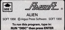 Top of cartridge artwork for Alien on the Amstrad CPC.