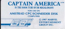 Top of cartridge artwork for Captain America Defies the Doom Tube on the Amstrad CPC.