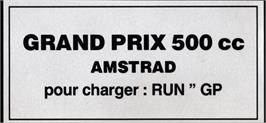 Top of cartridge artwork for Grand Prix 500 cc on the Amstrad CPC.