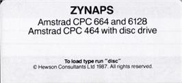 Top of cartridge artwork for Zynaps on the Amstrad CPC.