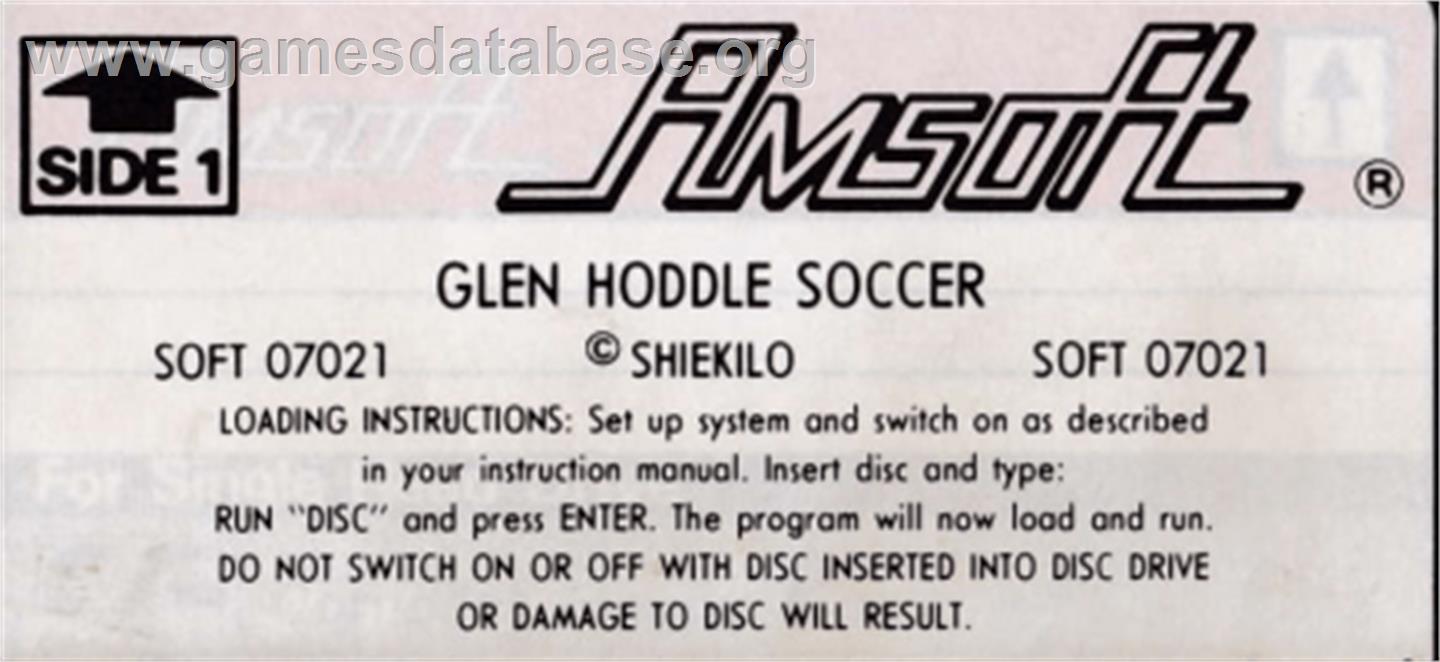 Glen Hoddle Soccer - Amstrad CPC - Artwork - Cartridge Top