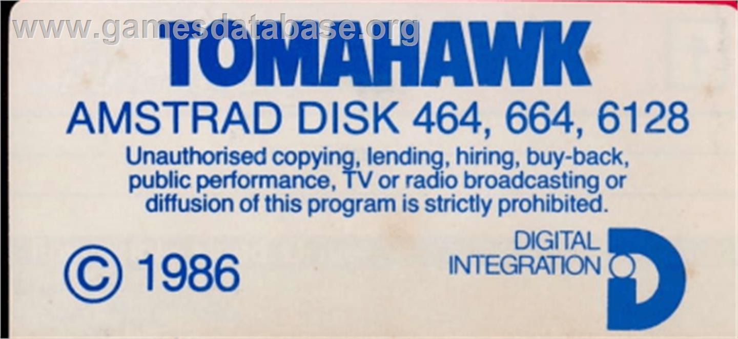 Tomahawk - Amstrad CPC - Artwork - Cartridge Top