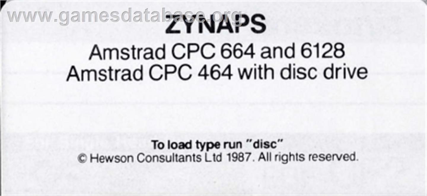 Zynaps - Amstrad CPC - Artwork - Cartridge Top