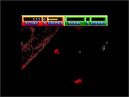 In game image of Blasteroids on the Amstrad CPC.