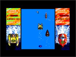 In game image of Pro Powerboat Simulator on the Amstrad CPC.