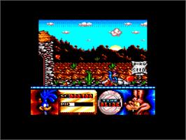 In game image of Road Runner and Wile E. Coyote on the Amstrad CPC.