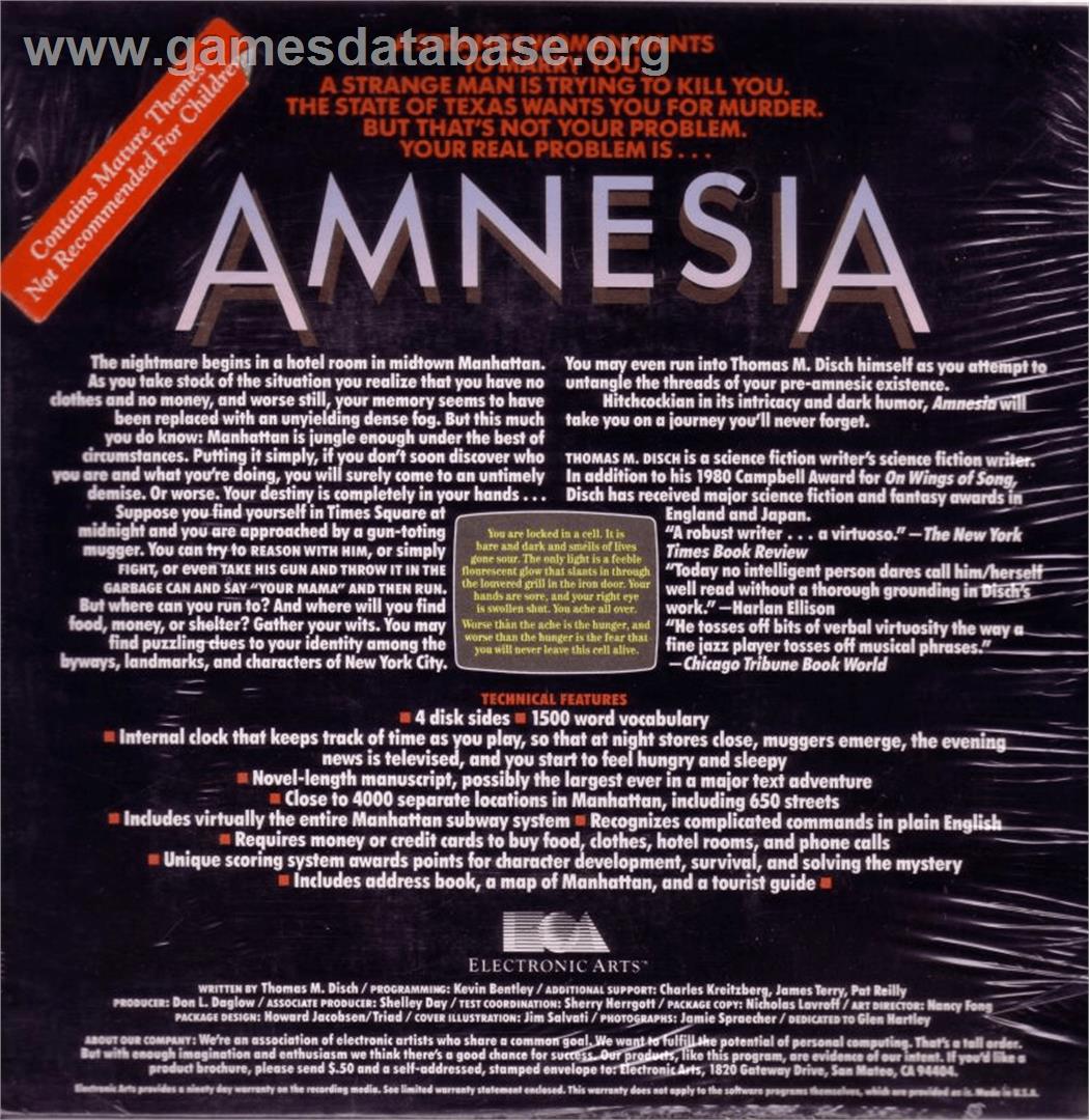 Amnesia - Apple II - Artwork - Box Back