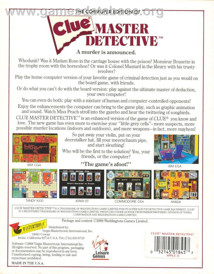 Clue: Master Detective - Apple II - Artwork - Box Back