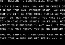 In game image of Lemonade Stand on the Apple II.