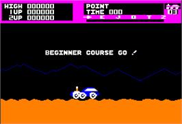 In game image of Moon Patrol on the Apple II.