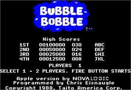 Title screen of Bubble Bobble on the Apple II.