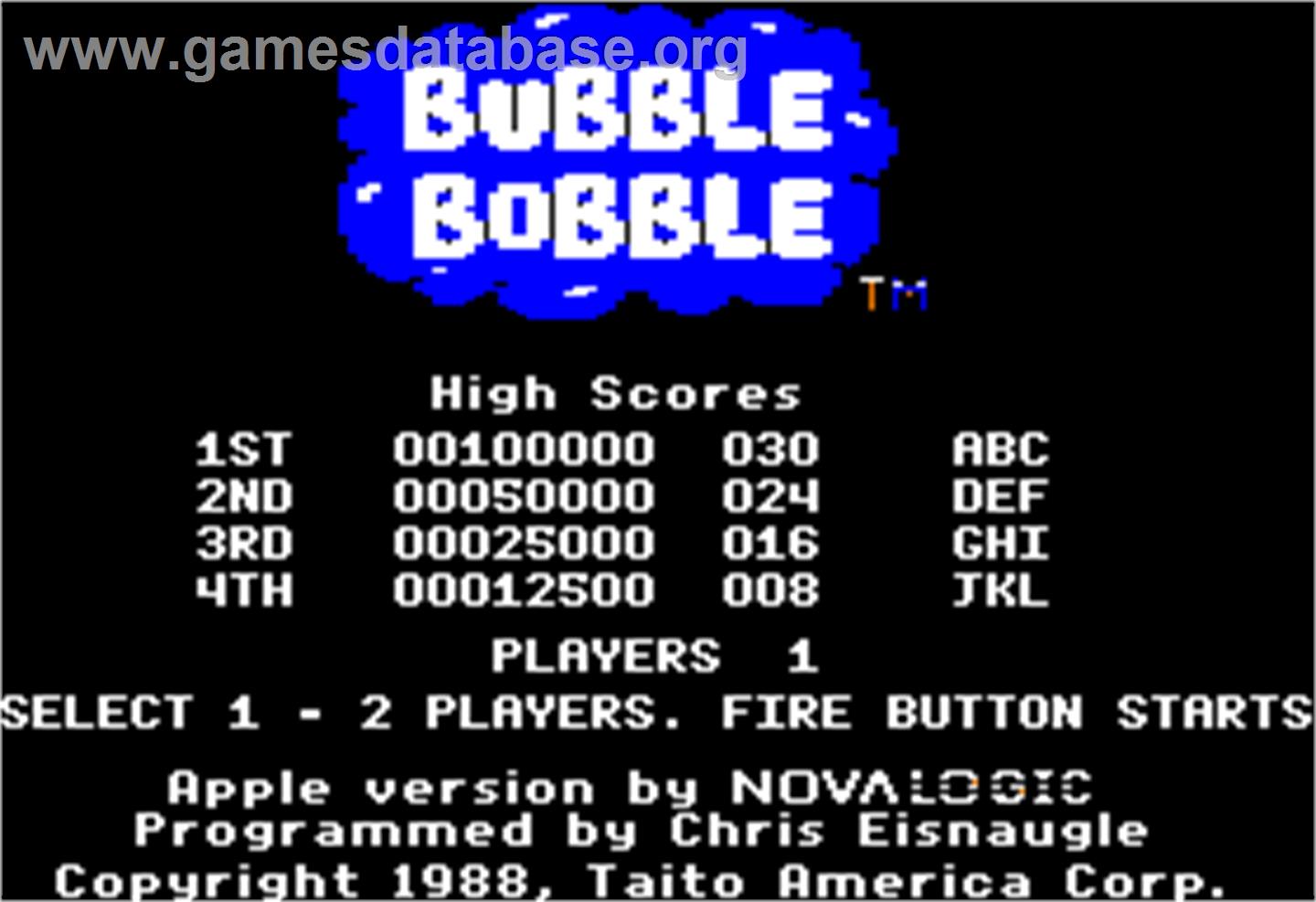 Bubble Bobble - Apple II - Artwork - Title Screen