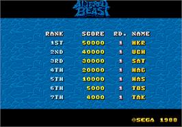 High Score Screen for Altered Beast.