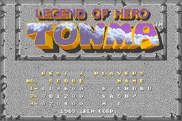 High Score Screen for Legend of Hero Tonma.
