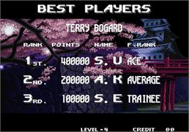 High Score Screen for Real Bout Fatal Fury Special / Real Bout Garou Densetsu Special.