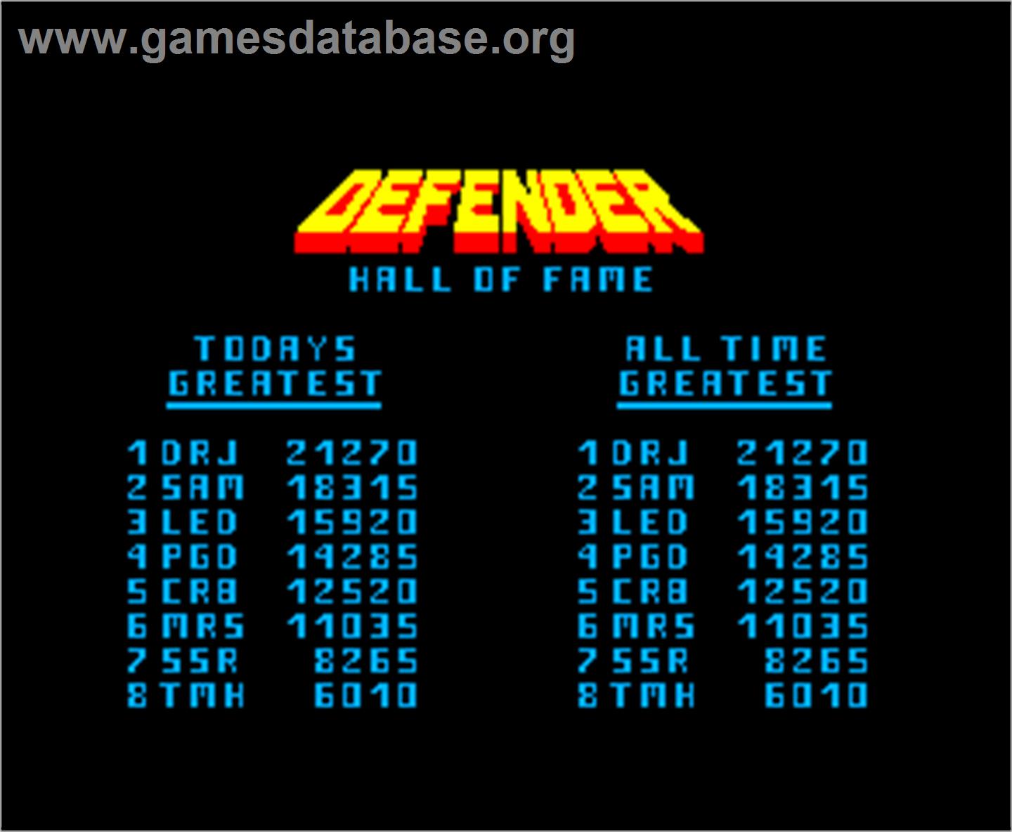 Defender - Arcade - Artwork - High Score Screen