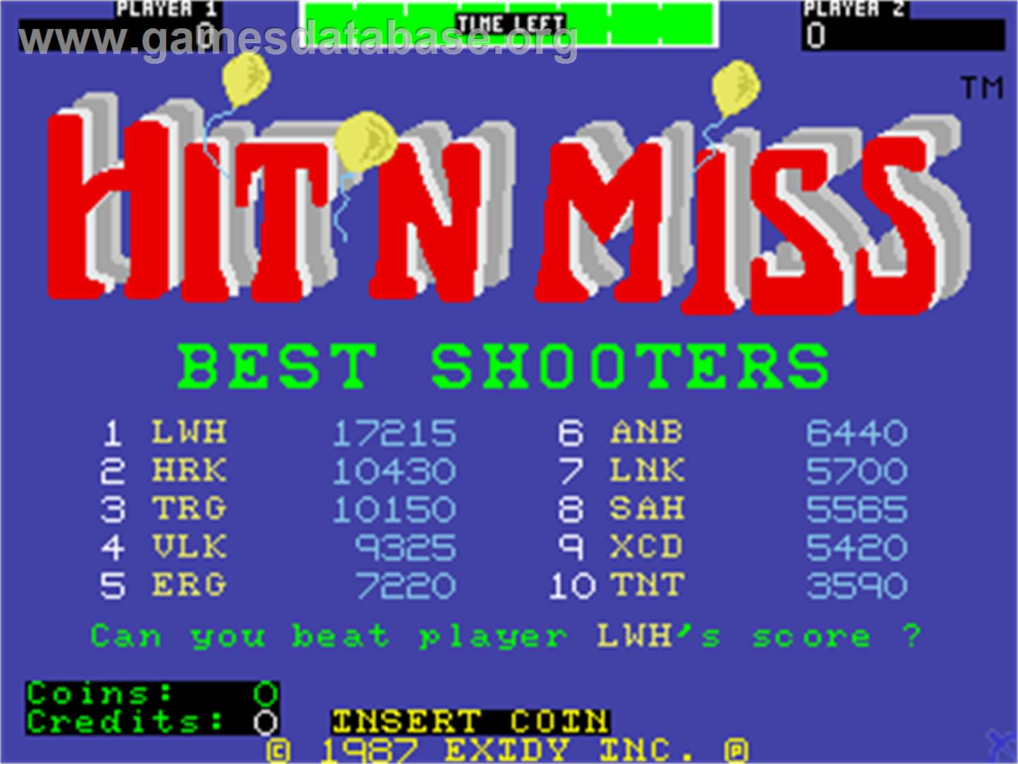 Hit 'n Miss - Arcade - Artwork - High Score Screen