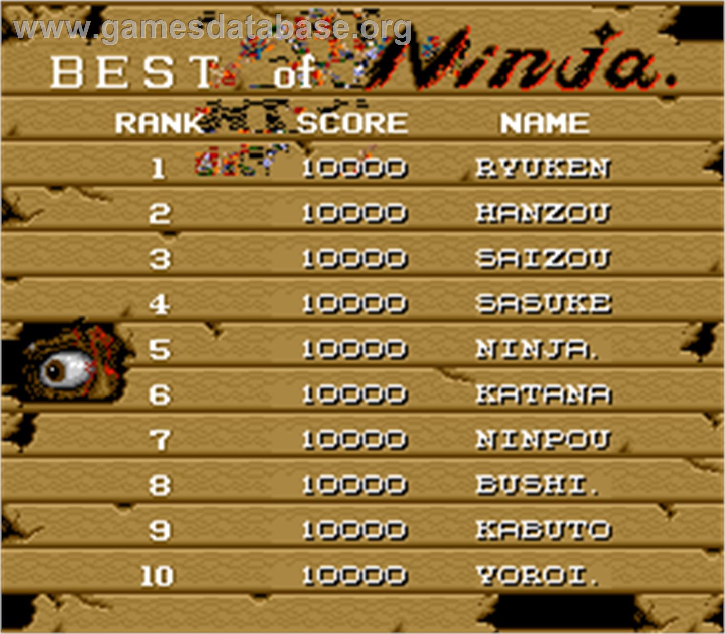 Master Ninja - Arcade - Artwork - High Score Screen