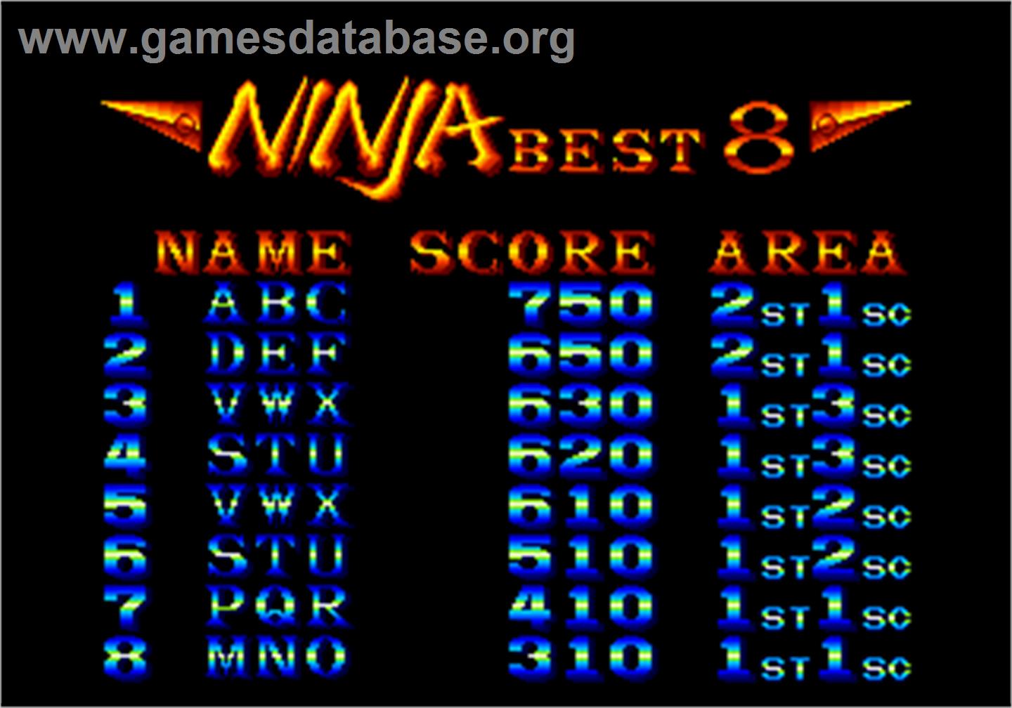 Ninja Combat - Arcade - Artwork - High Score Screen