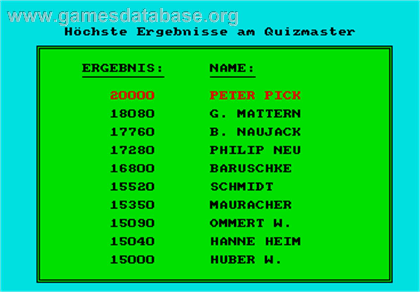 Quizmaster - Arcade - Artwork - High Score Screen