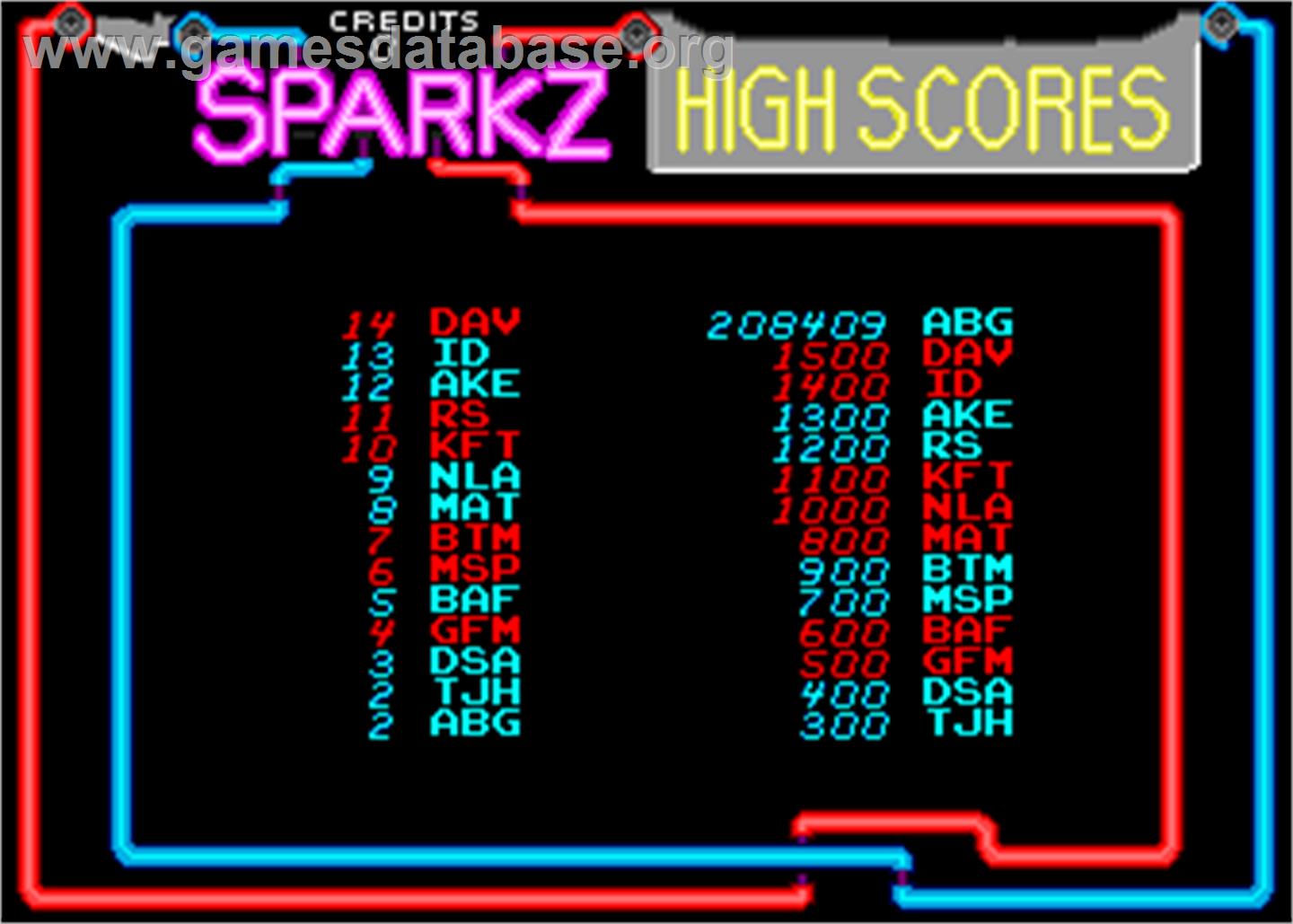 Sparkz - Arcade - Artwork - High Score Screen