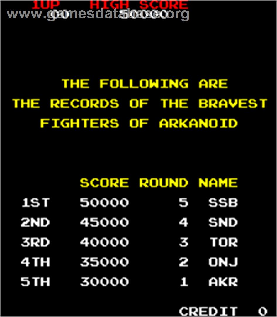 Tournament Arkanoid - Arcade - Artwork - High Score Screen