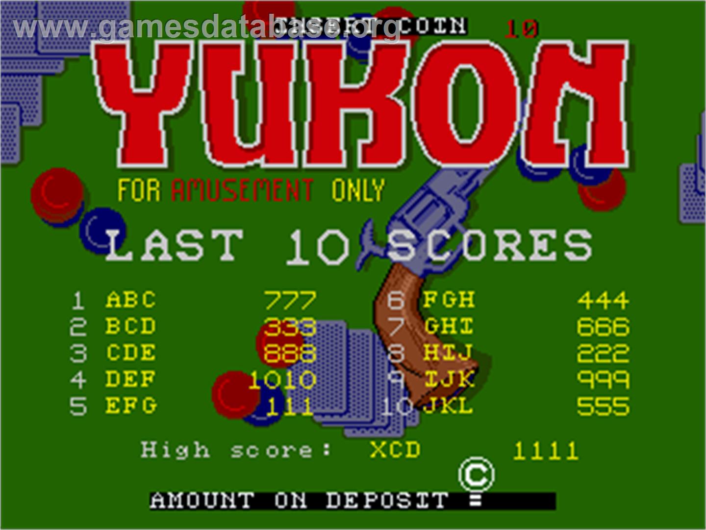 Yukon - Arcade - Artwork - High Score Screen