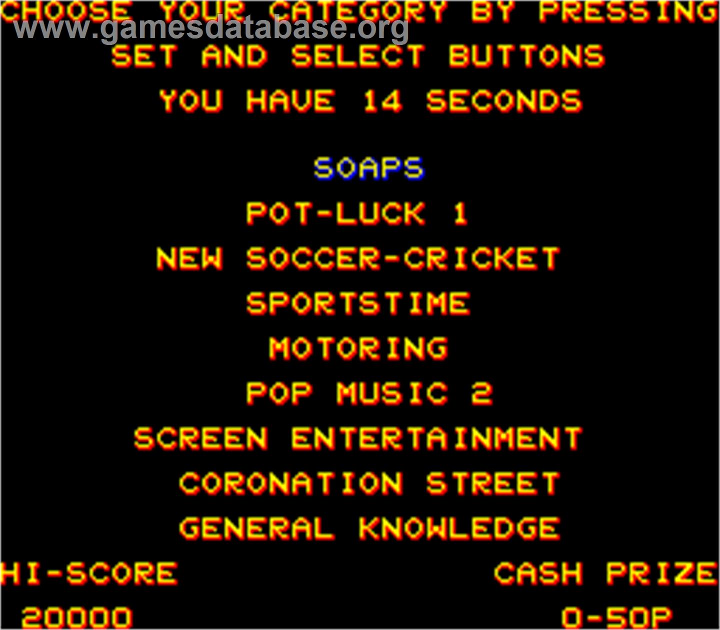 Cash Quiz - Arcade - Artwork - Select Screen