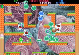 In game image of Bubble Memories: The Story Of Bubble Bobble III on the Arcade.