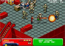 In game image of Escape from the Planet of the Robot Monsters on the Arcade.