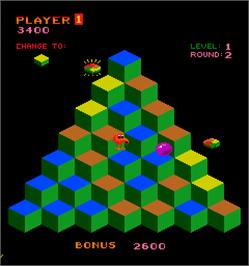 In game image of Faster, Harder, More Challenging Q*bert on the Arcade.