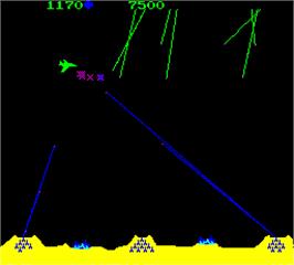 In game image of Missile Command on the Arcade.
