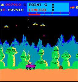 In game image of Moon Patrol on the Arcade.