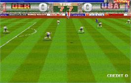 In game image of Tecmo World Cup '98 on the Arcade.