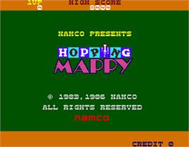 Title screen of Hopping Mappy on the Arcade.